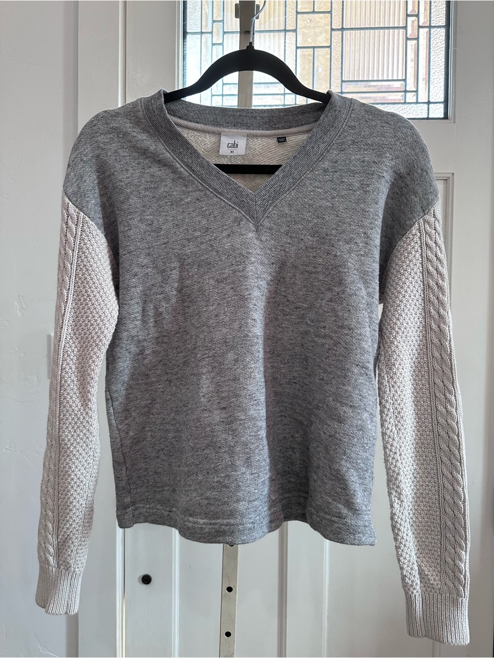CAbi Gray V-Neck Sweater with Cream Cable Sleeves